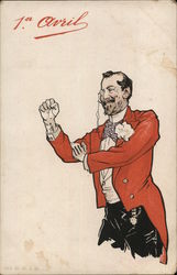 Man in Red Jacket with Arm Bent 1er Avril Postcard