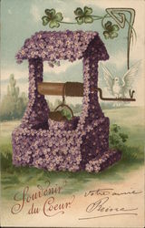 Well with Bucket Covered in Purple Flowers, White Bird Postcard