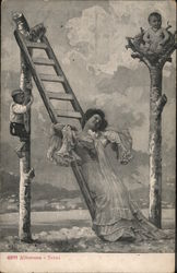 Letter N Formed by Woman Leaning Aginst Ladder Between Two Trees Postcard