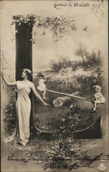 Letter L with Children on Seesaw, Woman in Woods Postcard