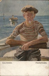 Boy Smoking in Boat "Fischerknabe" Postcard