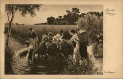 Family Crossing Water in Wagon Postcard