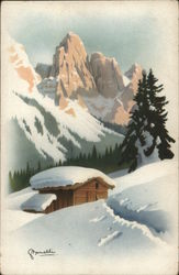 Warming Cabin in Snowy Mountains Postcard