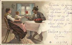 Austrian Family Sitting at Table Artist Signed Postcard Postcard