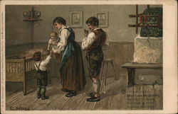 Woman Holding Baby Near Man and Little Boy Artist Signed Postcard Postcard