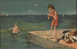 Scrawny Person at Water's Edge Preparing to Dive Artist Signed Postcard Postcard