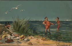 Men Standing in Water While Thief Lurks Postcard