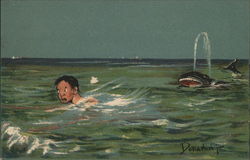 Shark Near Man Swimming in Water Artist Signed Postcard Postcard