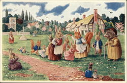 Bunnies, Squirrel and Woodchuck Playing Game in Field Postcard Postcard Postcard