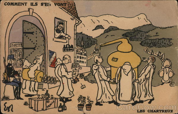 Monks with Still, Brewing Equipment Les Chartreux France