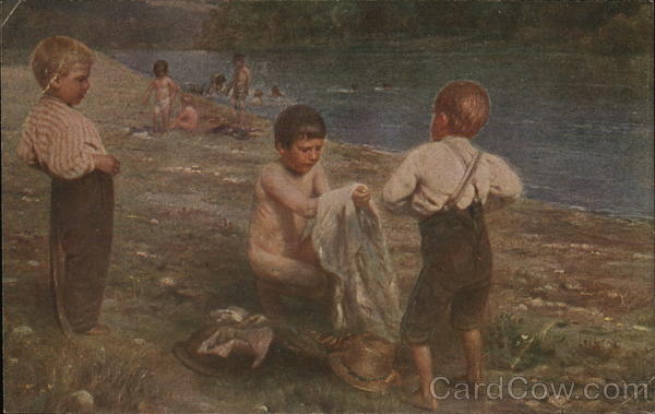 Three Boys on Beach, One is Undressed J. F. Engel Children