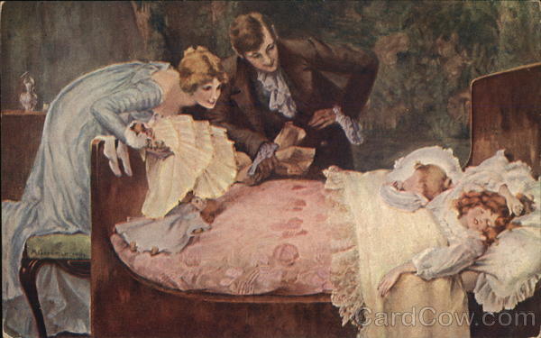Man and Woman Regarding Two Children Sleeping in Bed