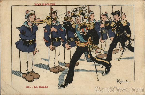 French Officers Marching Past Troops, Bugler Blaring