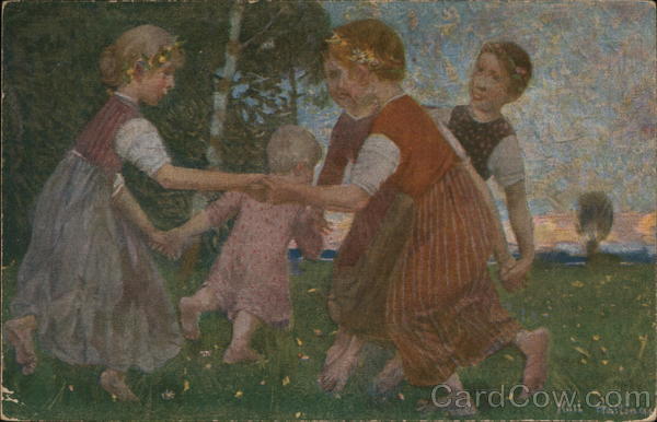 Children with Flowers in their Hair Playing on Grass