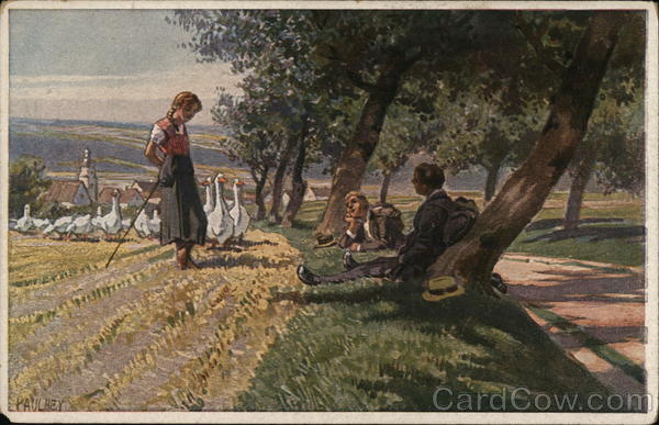 Young Woman Chatting with Two Men Near Trees Paul Hey