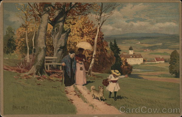 Two Women Walking with Girl and Dog Near Town Paul Hey