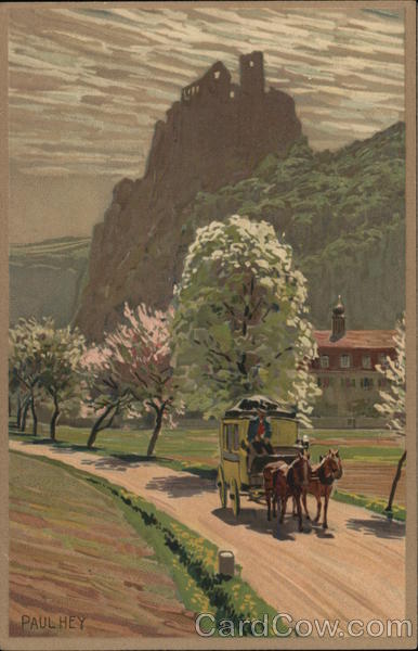 Horses and Stagecoach on Road Near Mountain, Trees