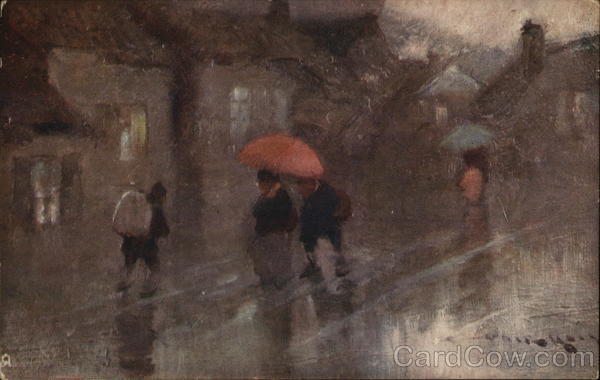 People with umbrellas walking on the rain Art