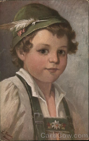 Curly-Haired Boy in Green Hat with Feather L. Kraus