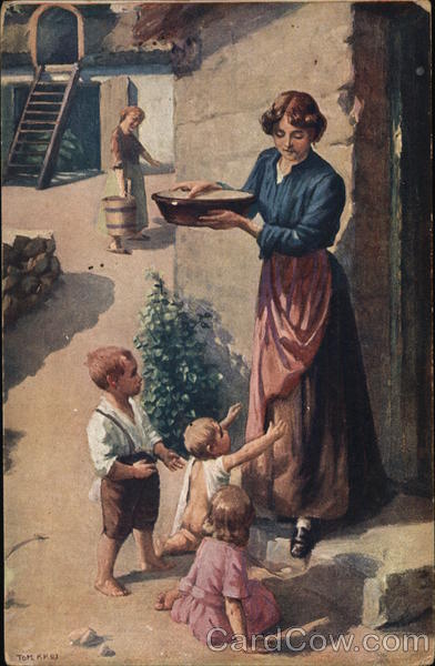 Woman Holding Bowl with Three Children at Her Feet