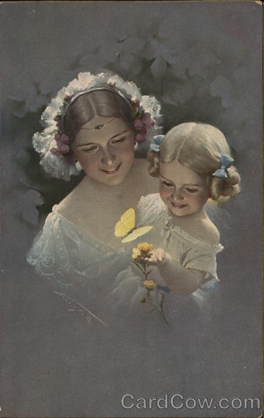 Woman Holding Blond Girl Near Yellow Flower, Butterfly