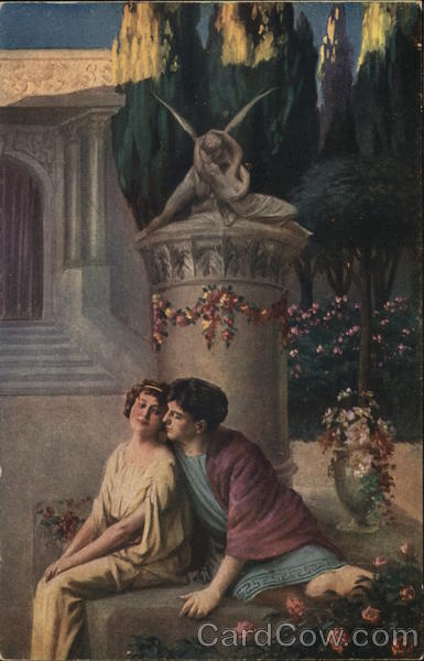 Man and Woman Sitting Close Together Near Column and Flowers