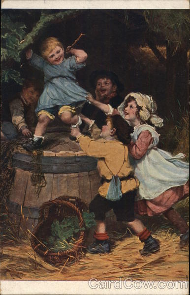 Little Girl Atop Barrel, Other Children Pulling Her Down
