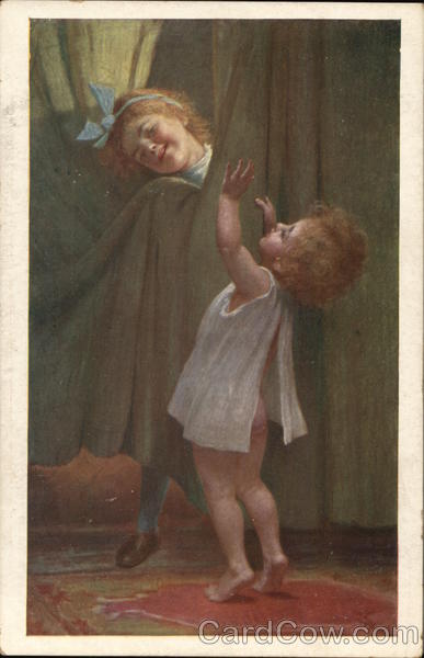 Toddler and Child Playing Near Green Curtains Ernst Payer