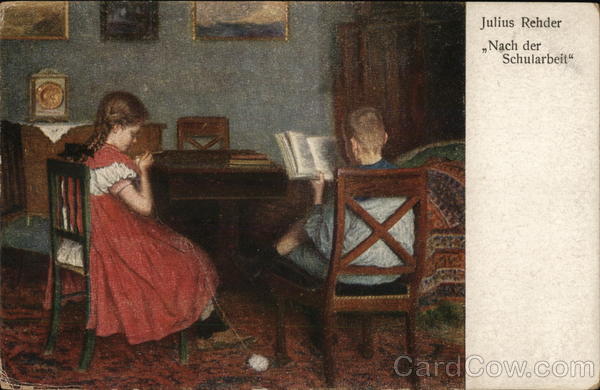 Girl Knitting with Yarn, Boy Reading a Book Julius Rehder