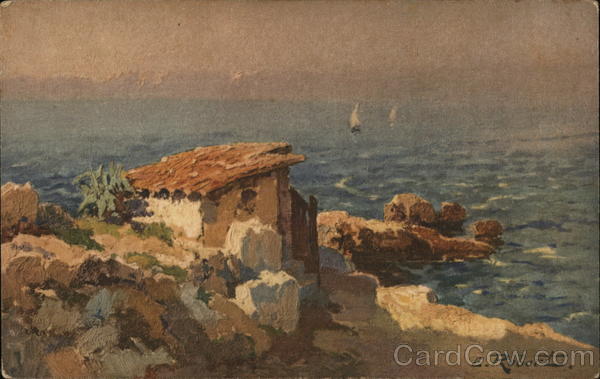 House on Rocks at Sea Shore, Boats in Water E. Robert