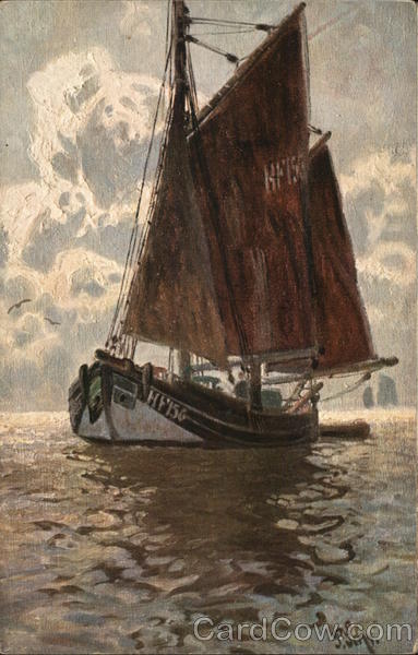 Ship with Sails in Water Beneath Billowy Clouds Boats, Ships