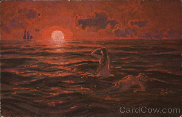 Mermaids Standing in Water Shading Eyes, Another Laying in Water