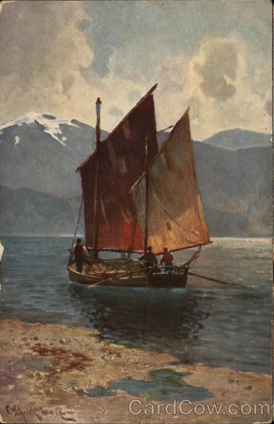 Boat with Angled Sails in Water Near Mountains Paul Schreckhaase