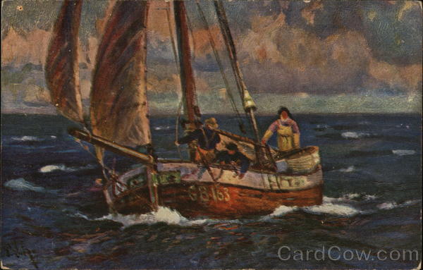 Men in Small Sail Boat at Sea Paul Schreckhaase Boats, Ships