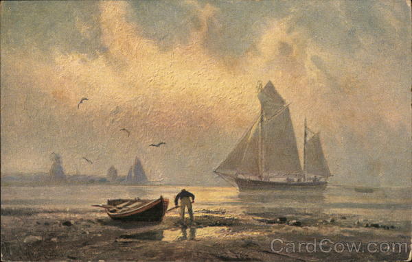 Man with Rowboat on Land Near Sailboat in Water Paul Schreckhaase