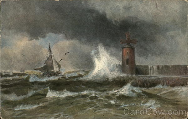 Boat Sailing Amid Large Waves Near Lighthouse Paul Schreckhaase