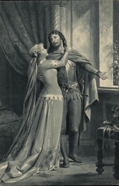Woman in Flowing Long Dress Embracing Man Wearing Sword