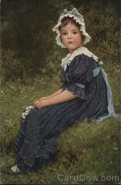 Girl in Blue Dress and White Hat Seated on Grass H. Seeger