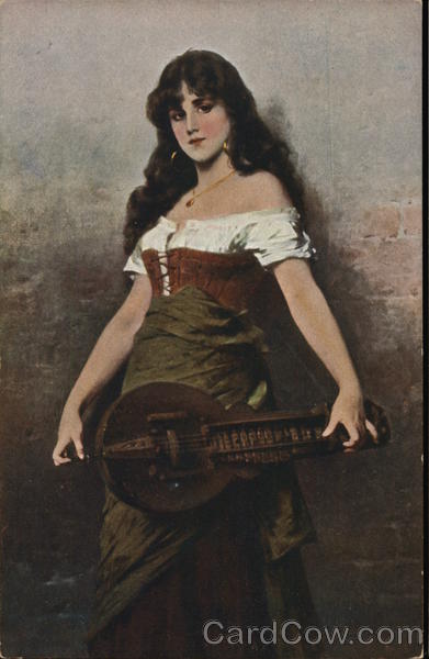 Young Woman with Long Dark Hair Holding Stringed Instrunent