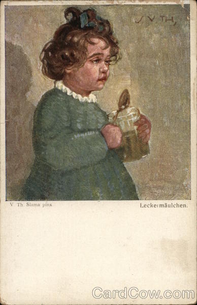 Little Girl Wearing Green Dress Holding Jar and Spoon