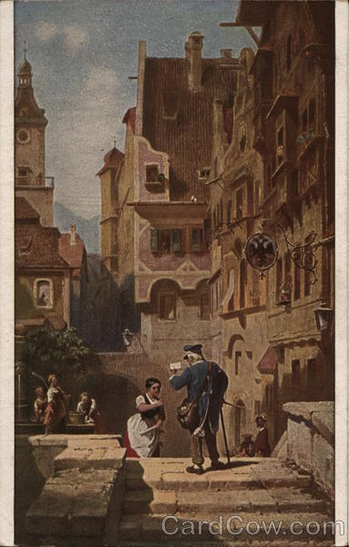 Street Scene of Postman Handing Letter to Woman Carl Spitzweg