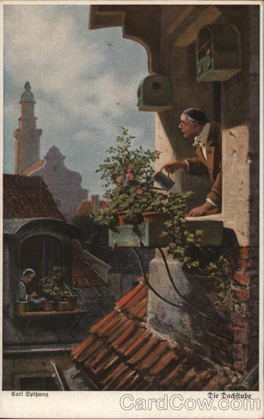 Man and Woman Watering Flowers in Two Different Windows