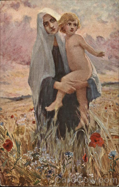 Woman Wearing Head Covering Carrying Blond Child in Meadow