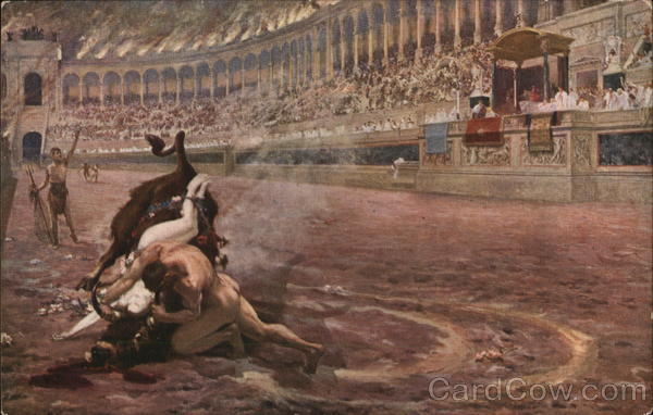 Nude Man Wrestling Bull in Crowded Arena Jan Styka