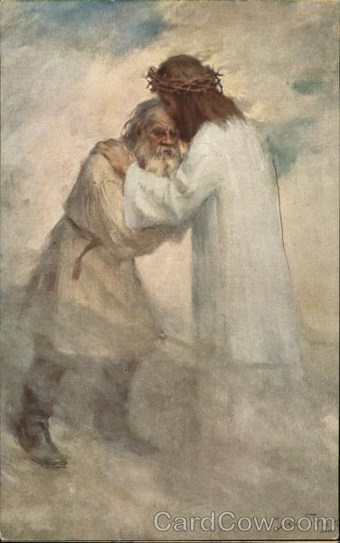 Jesus Wearing Thorns on Head Embracing Elderly Man