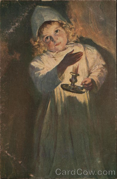 Blond Child in Night Dress and Hat Holding Candle W. Winck