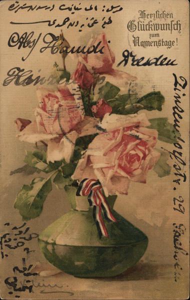 Pink Roses in Green Vase with Red, White, Blue Ribbon