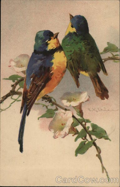 Two birds on a branch with leaves and white flowers