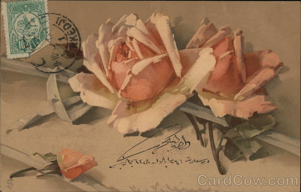 Pink Roses with Green Leaves and White Ribbon C. Klein