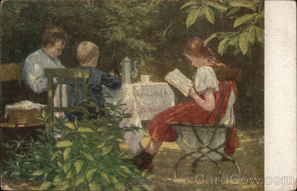 Woman Seated with Boy and Girl at Outdoor Table Children